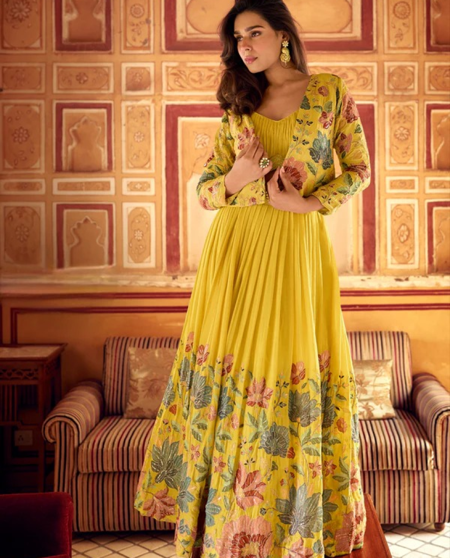 5434 - Yellow Floral Print Jacket Style Lehenga 